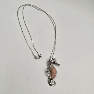 Pink Peruvian Opal Rhodium Over Silver Seahorse Pendant With Chain .15ctw